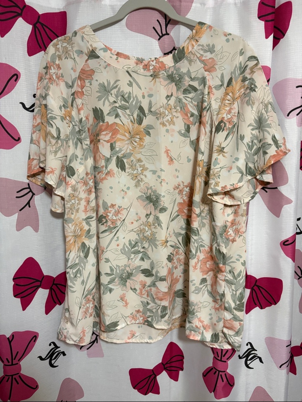 Sara Michelle Cream Floral Flutter-Sleeve Blouse with Peach & Sage
